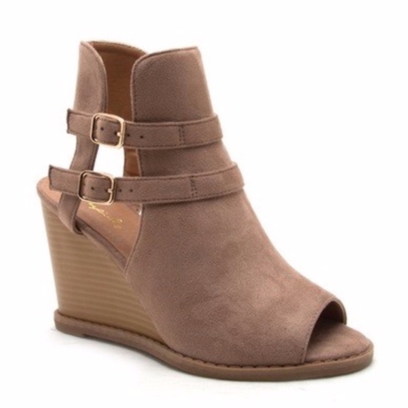 Taupe Vegan Suede Buckle Peep Toe Ankle Booties - Picture 3 of 3